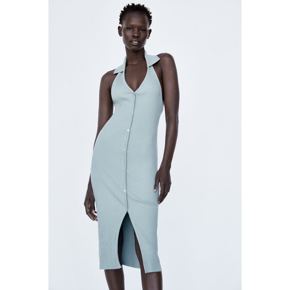 NWOT ZARA RIBBED DRESS WITH BUTTONS  FADED BLUE